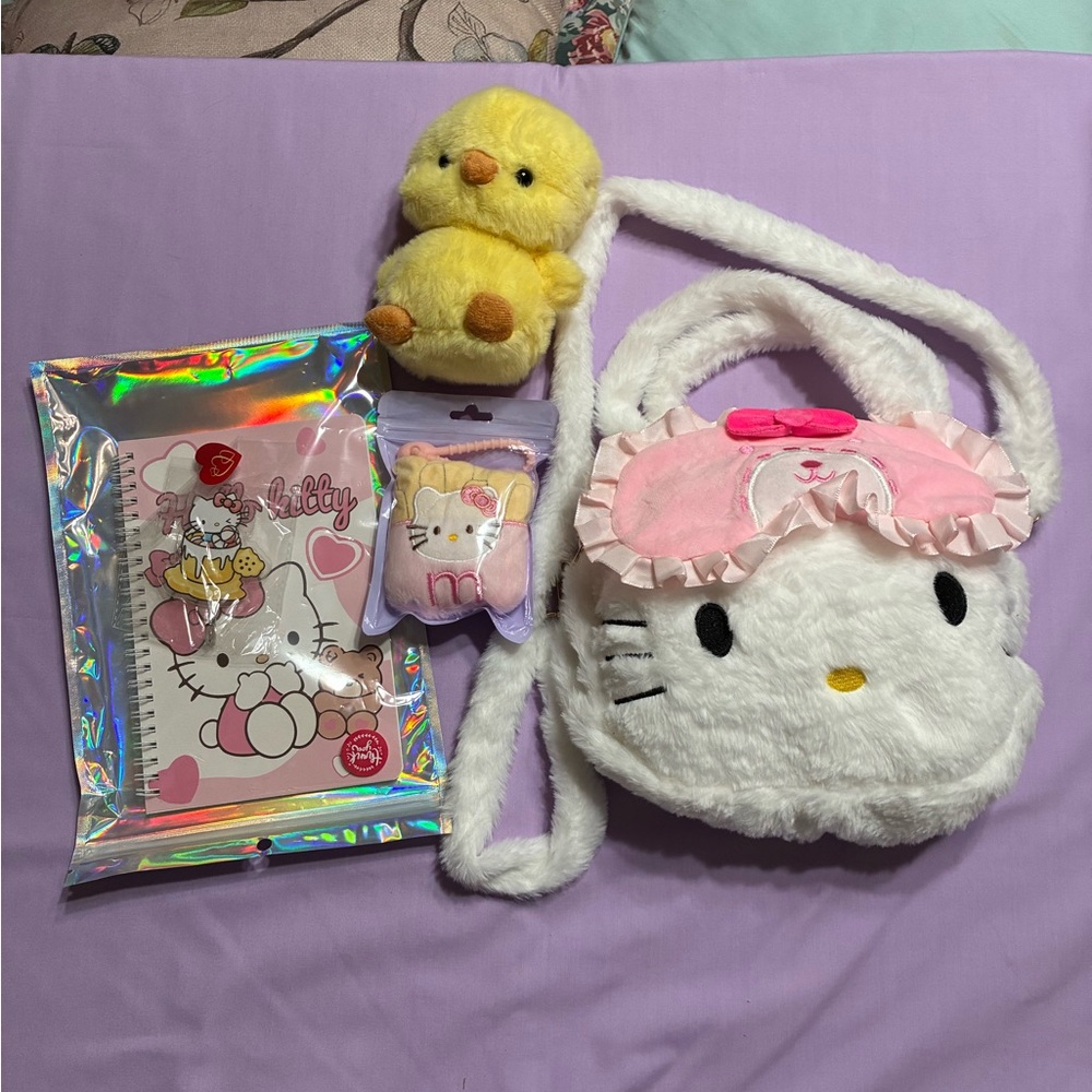Hello Kitty White & Pink Plush Crossbody Bag with Matching Accessories